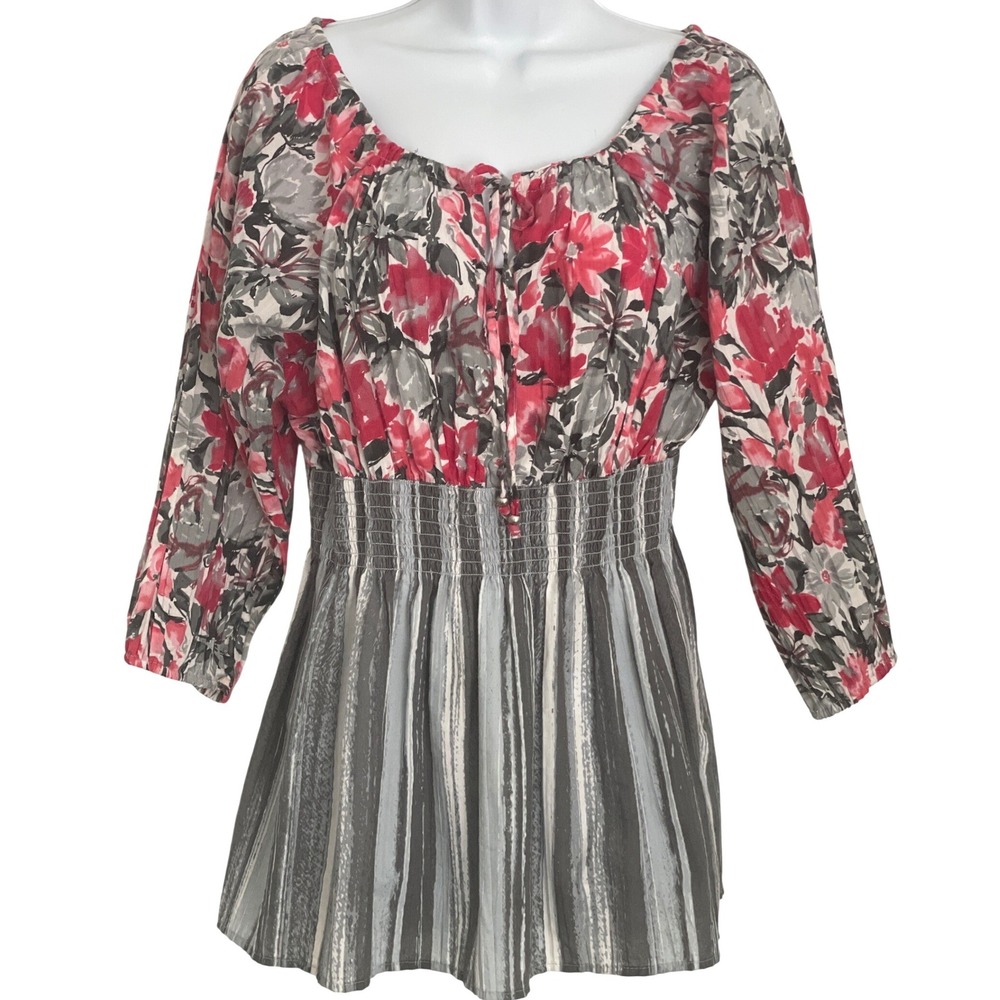 Womens Floral Blouse Smocked Top‎ L Boho Cottagecore Peplum Whimsigoth